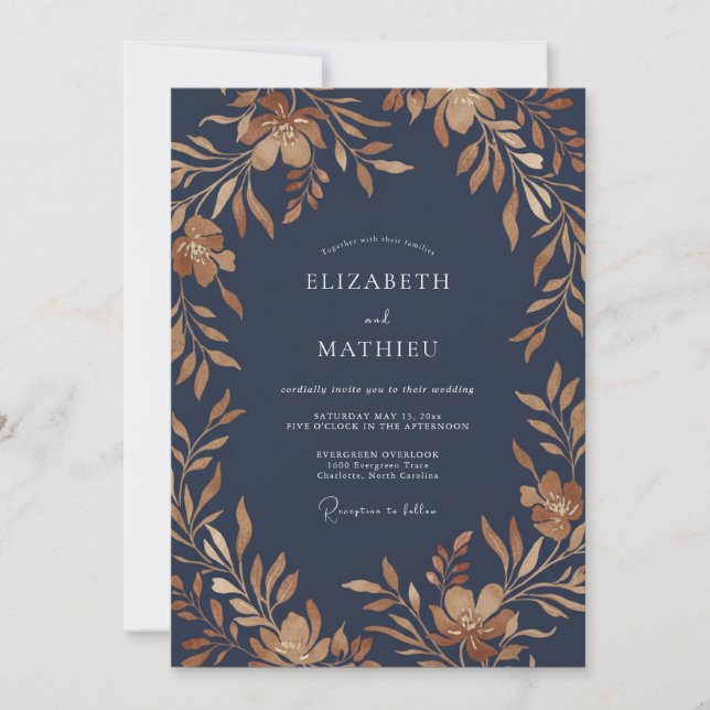 Invitation Mariage Eucalyptus au feuillage de cuivre marine (Devant)
