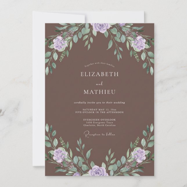 Invitation Mariage Eucalyptus au feuillage de lavande Moka (Devant)