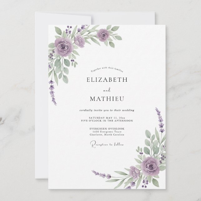 Invitation Mariage Eucalyptus au feuillage de lilas violet (Devant)