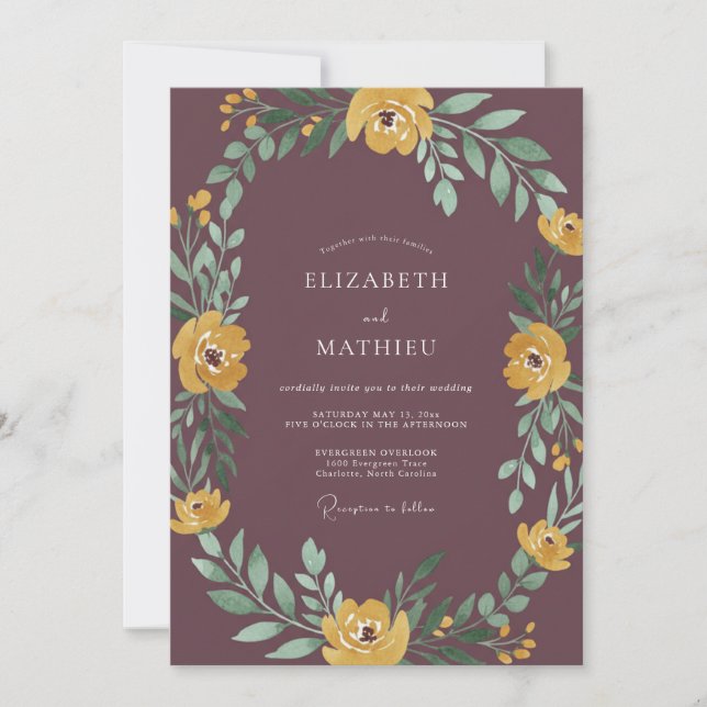 Invitation Mariage Eucalyptus au feuillage de moutarde mauve (Devant)