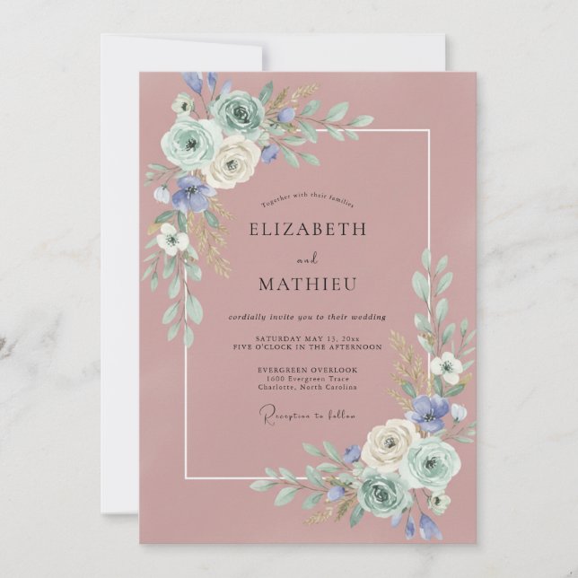 Invitation Mariage Eucalyptus au feuillage de pervenche mauve (Devant)