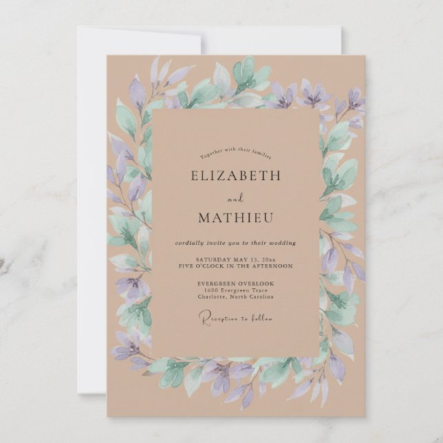 Invitation Mariage Eucalyptus au feuillage de Pervenche Taupe (Devant)