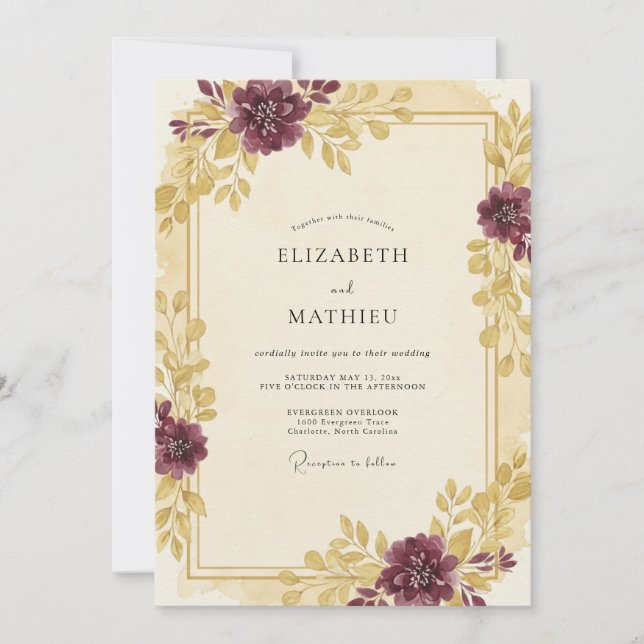Invitation Mariage Eucalyptus au feuillage de prune dorée (Devant)