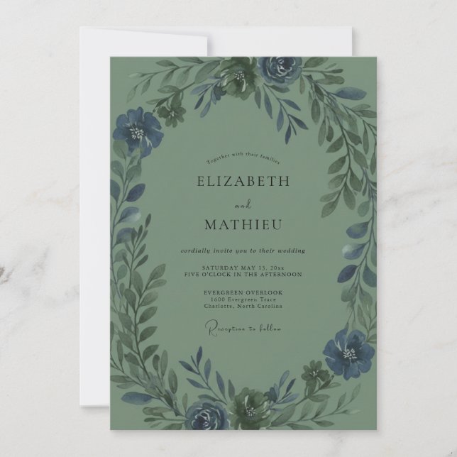 Invitation Mariage Eucalyptus au feuillage d'olive ardoise (Devant)