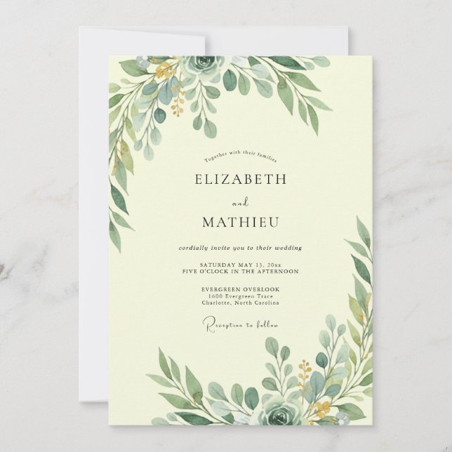Invitation Mariage Eucalyptus au feuillage d'olive crème pâle (Devant)