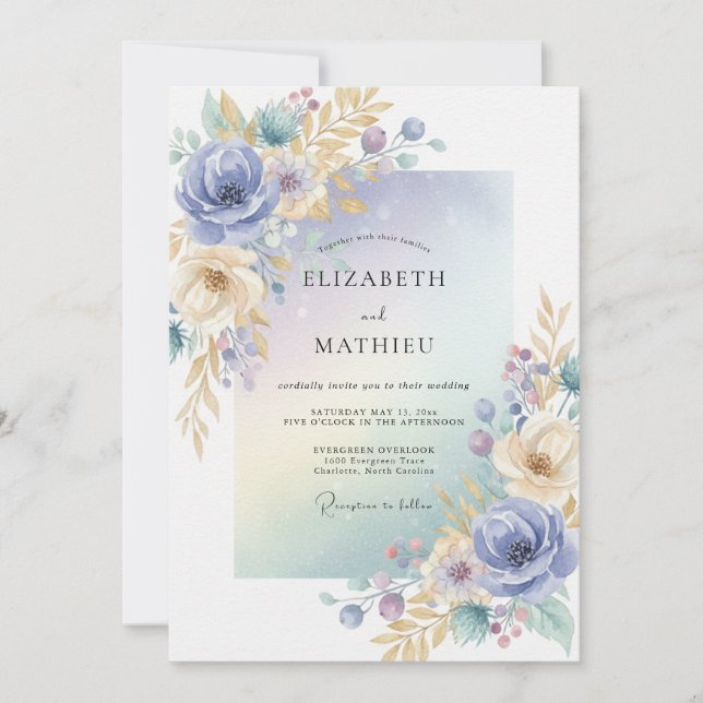 Invitation Mariage Eucalyptus au feuillage doré et au pervenc (Devant)