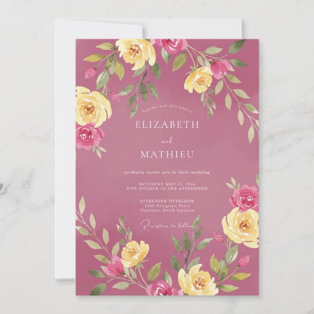 Invitation Mariage Eucalyptus au Feuillage Doré Magenta (Devant)