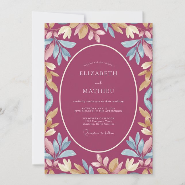 Invitation Mariage Eucalyptus au Feuillage Doré Magenta (Devant)