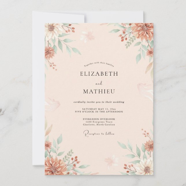 Invitation Mariage Eucalyptus au feuillage en terre cuite pêc (Devant)