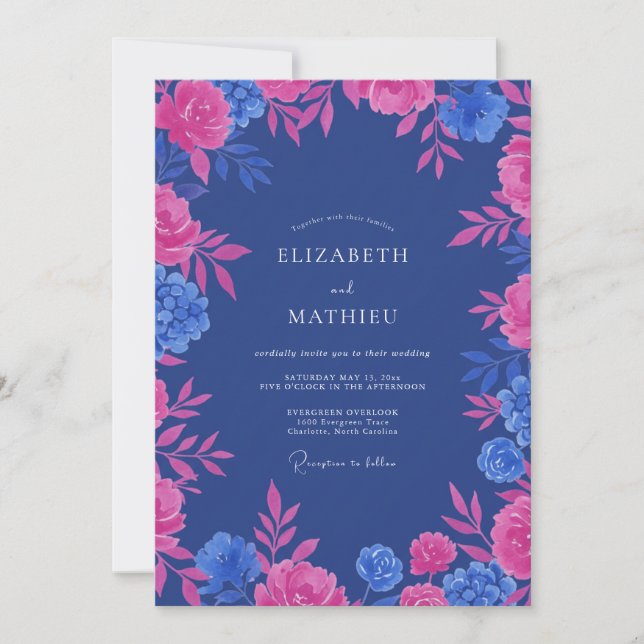 Invitation Mariage Eucalyptus au feuillage indigo magenta (Devant)