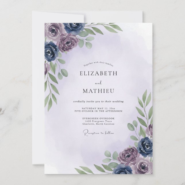 Invitation Mariage Eucalyptus au Feuillage Indigo Mauve (Devant)