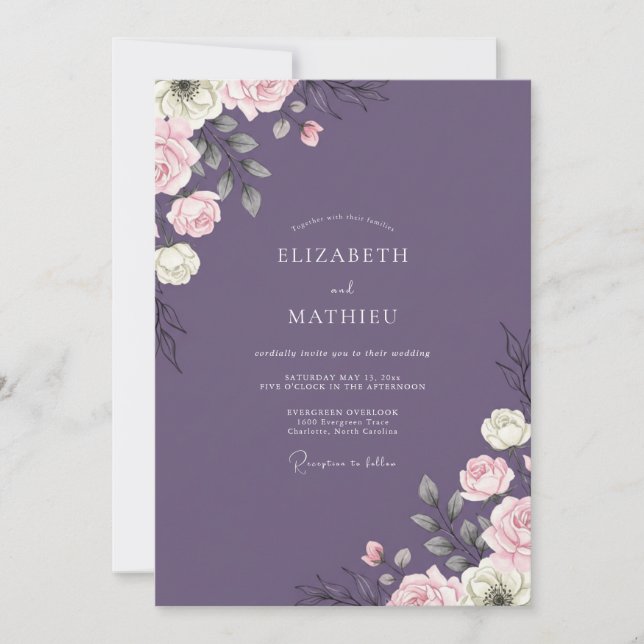 Invitation Mariage Eucalyptus au feuillage ivoire prune (Devant)