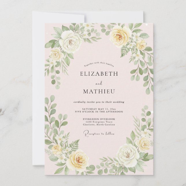Invitation Mariage Eucalyptus au Feuillage Jaune Champagne (Devant)
