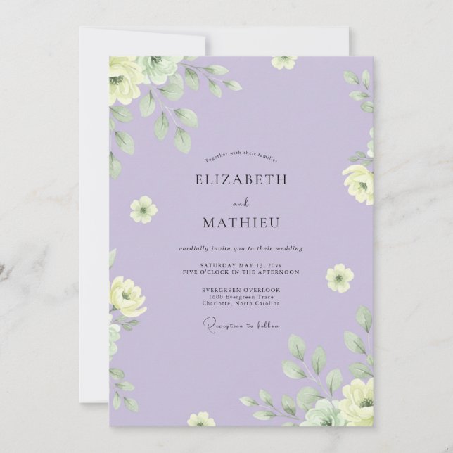 Invitation Mariage Eucalyptus au Feuillage Jaune Lilas (Devant)
