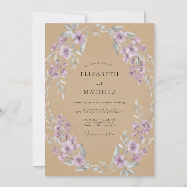 Invitation Mariage Eucalyptus au Feuillage Lavande Beige (Devant)