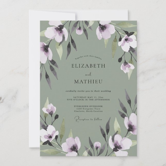 Invitation Mariage Eucalyptus au Feuillage Lilas Olive (Devant)