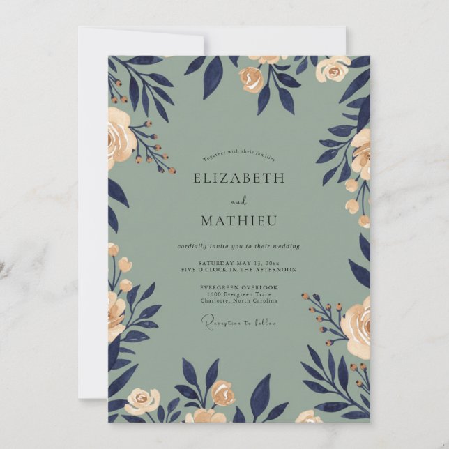 Invitation Mariage Eucalyptus au feuillage Navy Champagne (Devant)
