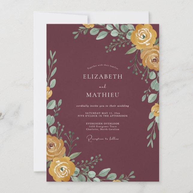 Invitation Mariage Eucalyptus au Feuillage Ocre Bourgogne (Devant)