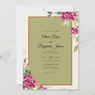 Invitation Mariage Eucalyptus au Feuillage Olive Magenta