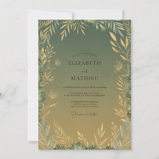 Invitation Mariage Eucalyptus au Feuillage Or Olive (Devant)