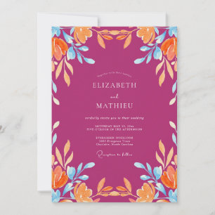 Invitation Mariage Eucalyptus au feuillage orange fuchsia
