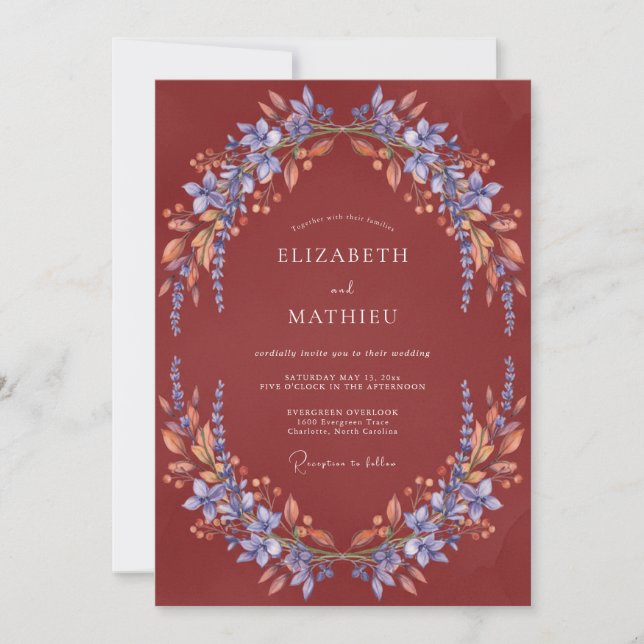Invitation Mariage Eucalyptus au Feuillage Pervenche Rouille (Devant)