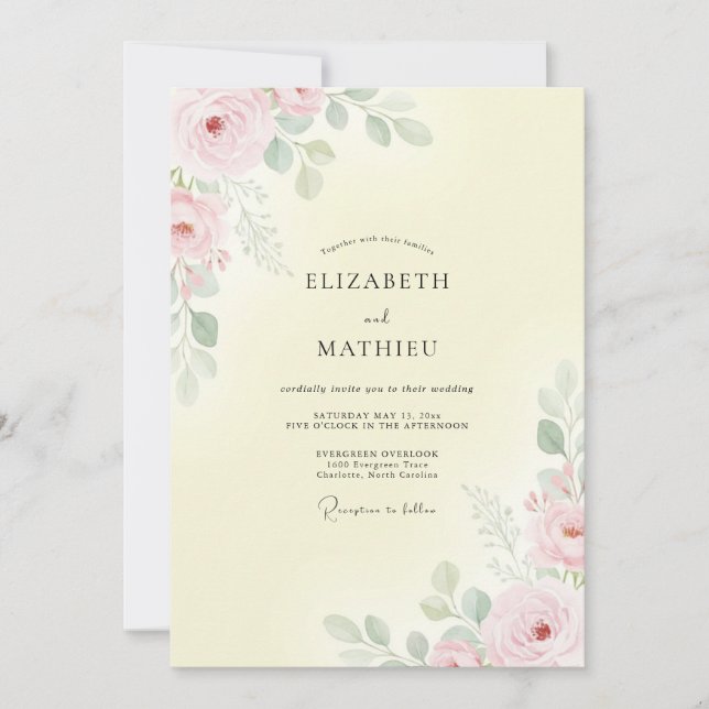 Invitation Mariage Eucalyptus au feuillage rose citron (Devant)