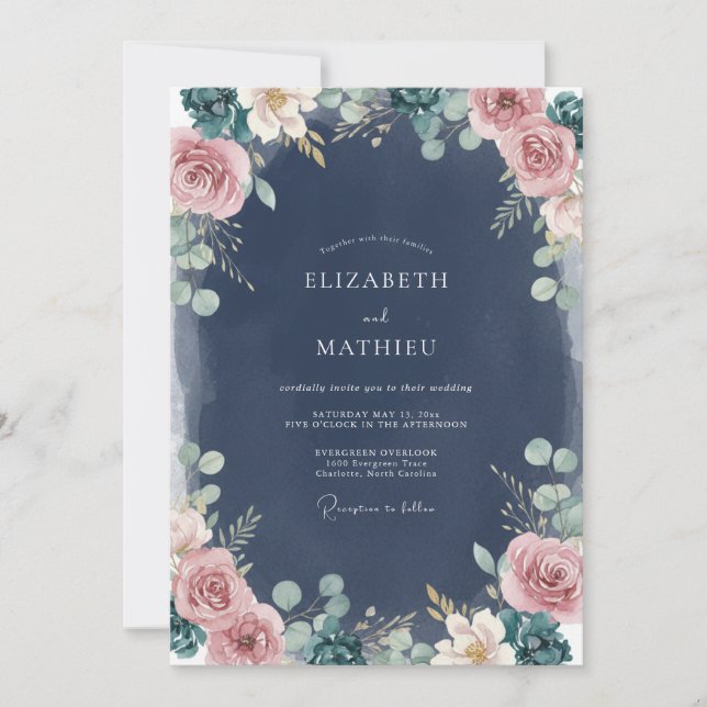 Invitation Mariage Eucalyptus au feuillage rose marine (Devant)