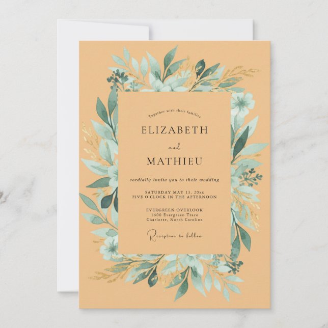 Invitation Mariage Eucalyptus au feuillage sarcelle Abricot (Devant)