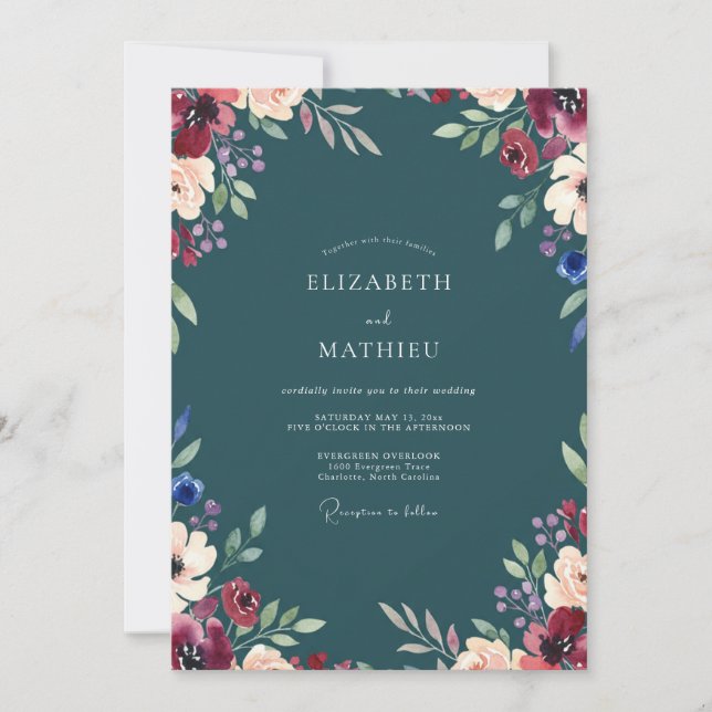 Invitation Mariage Eucalyptus au feuillage sarcelle bordeaux (Devant)