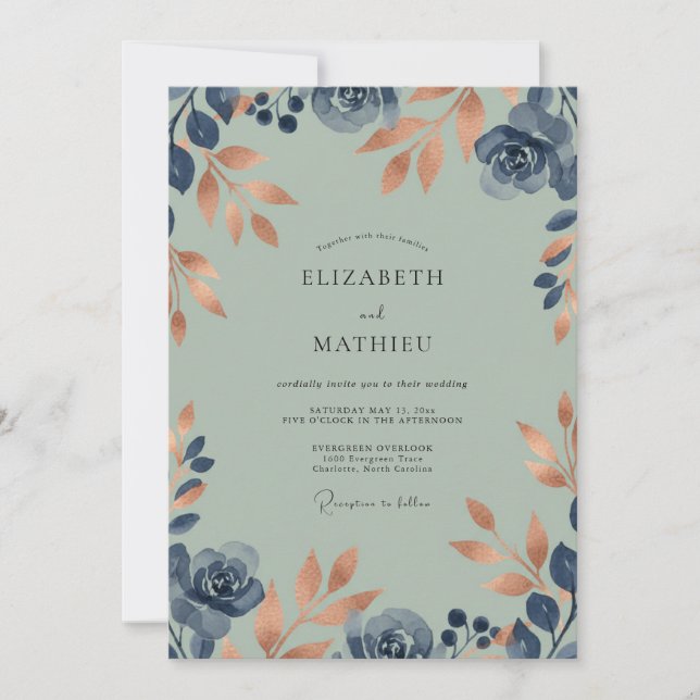 Invitation Mariage Eucalyptus au feuillage sarcelle cuivre (Devant)