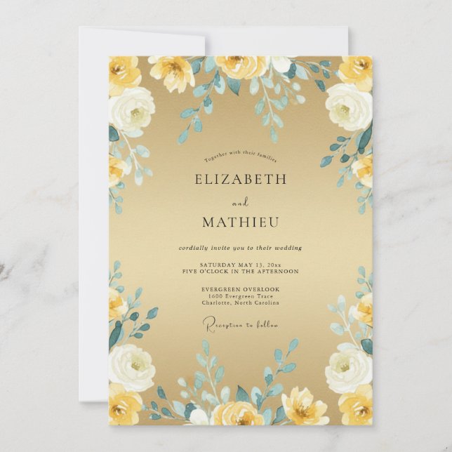 Invitation Mariage Eucalyptus au Feuillage Sarcelle Doré (Devant)