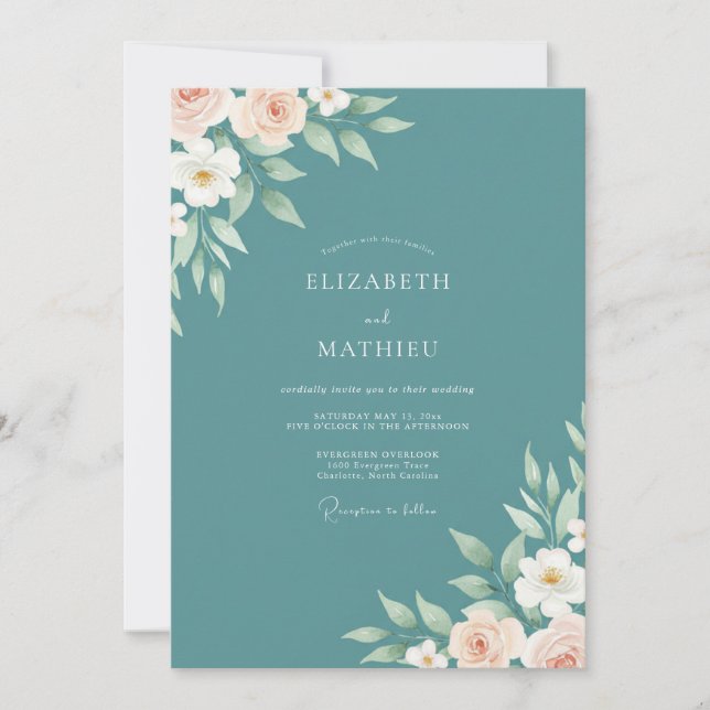 Invitation Mariage Eucalyptus au feuillage sarcelle poussiére (Devant)