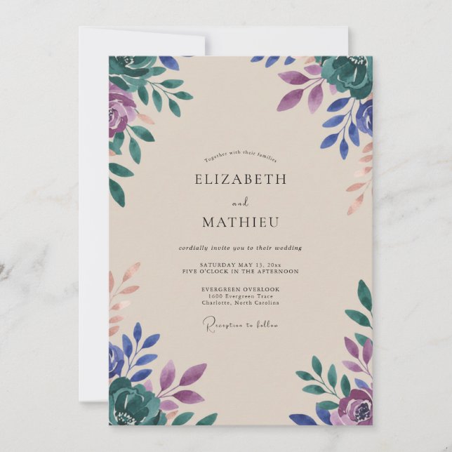 Invitation Mariage Eucalyptus au feuillage sarcelle violet (Devant)