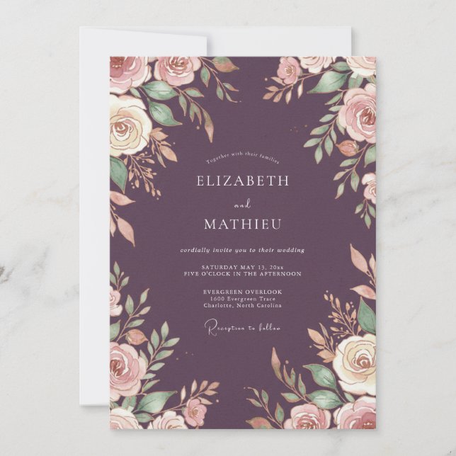 Invitation Mariage Eucalyptus au Feuillage Violet Foncé (Devant)