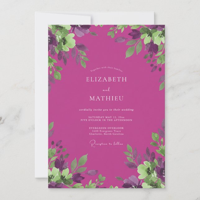 Invitation Mariage Eucalyptus au Feuillage Violet Magenta (Devant)