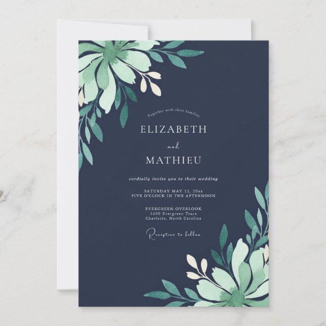 Invitation Mariage Eucalyptus au milieu de la mer à minuit (Devant)