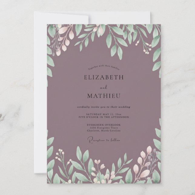 Invitation Mariage Eucalyptus au Plum Éteint (Devant)