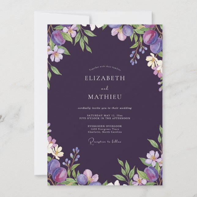 Invitation Mariage Eucalyptus aux Fruits de Prunier Sombre (Devant)