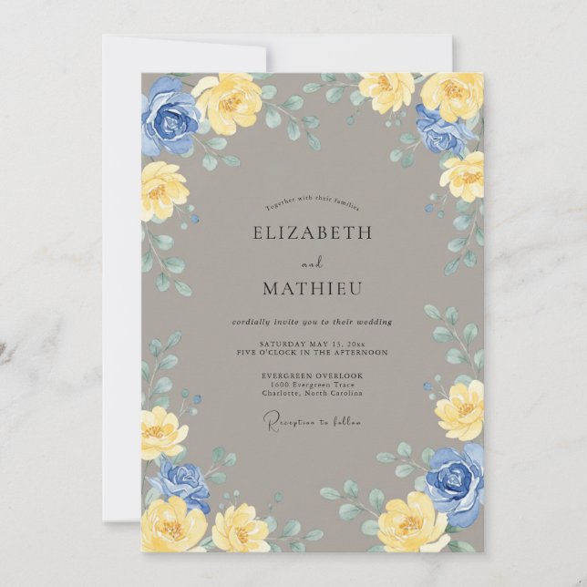 Invitation Mariage Eucalyptus Azur Jaune Côté Mer (Devant)
