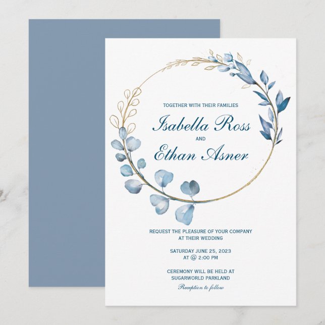Invitation Mariage Eucalyptus Bleu Poussiéreux et Or (Devant / Derrière)