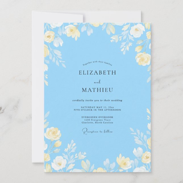 Invitation Mariage Eucalyptus Bleuet Jaune Citron (Devant)