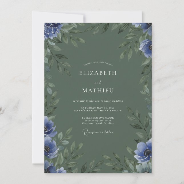 Invitation Mariage Eucalyptus Bleuet Olive (Devant)