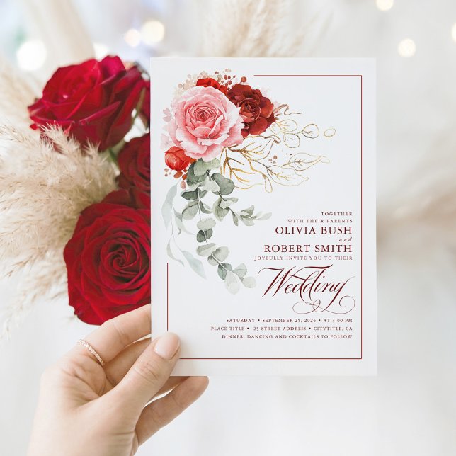 Invitation Mariage Eucalyptus Boho de Bourgogne Rouge rose (Red and Pink Floral Botanical Elegant Chic Wedding Invitation)