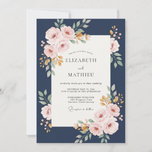 Invitation Mariage Eucalyptus Bouquet Or et Marine
