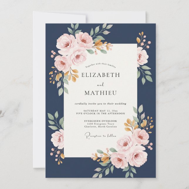 Invitation Mariage Eucalyptus Bouquet Or et Marine (Devant)
