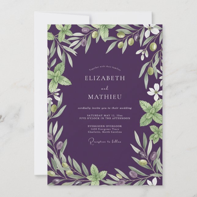 Invitation Mariage Eucalyptus Branche d'Olivier Améthyste (Devant)