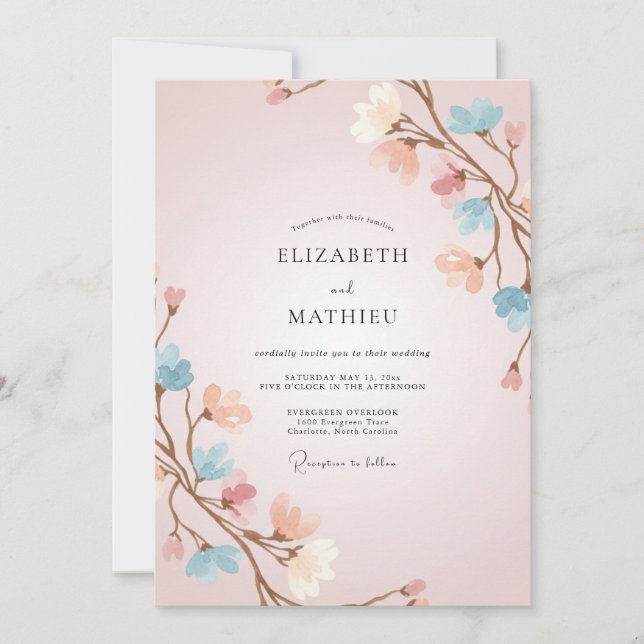 Invitation Mariage Eucalyptus Branche Pêche Rosée (Devant)