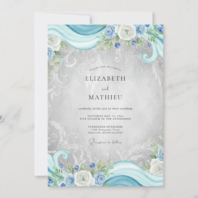 Invitation Mariage Eucalyptus Cyan Argent Filigrane (Devant)