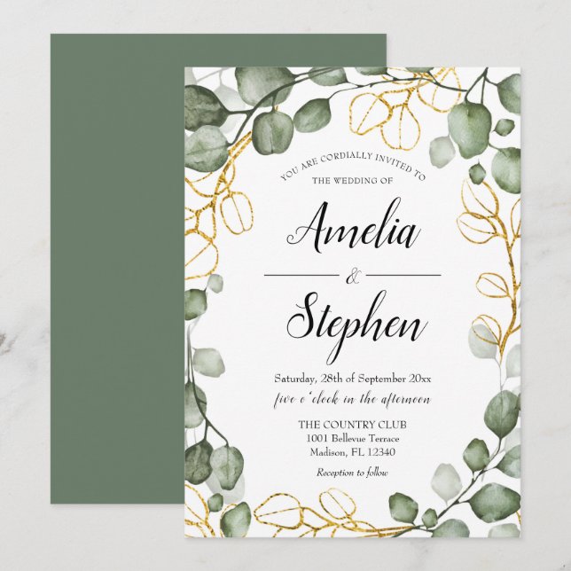 Invitation Mariage Eucalyptus de la couronne de feuillage (Devant / Derrière)